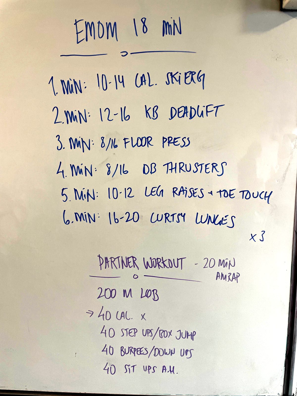 Tavle: EMOM 18 min. – skierg, kettlebell deadlift, floor press, thrusters, leg raises og curtsy lunges, tre runder. Derefter partner workout: 20 min. AMRAP med løb, kalorier, step ups, burpees og sit ups.